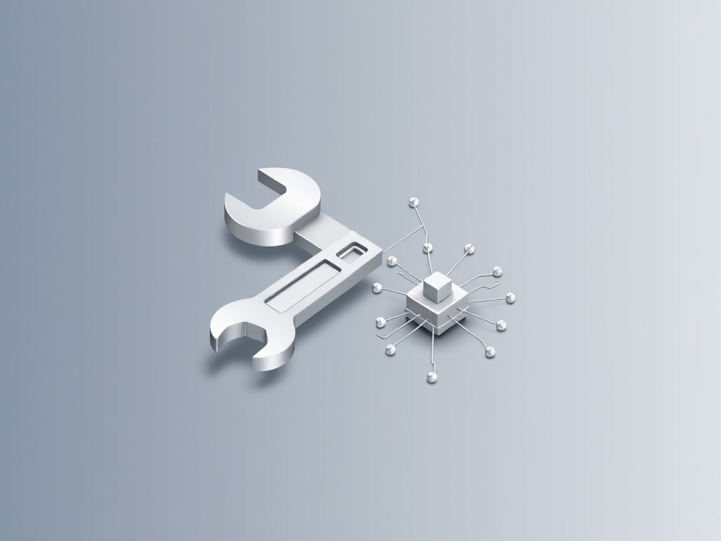 Minimalist isometric icon of a wrench and a network node combined with geometric lines, metallic silver finish, soft gradient background, photorealistic 8k commercial photography style