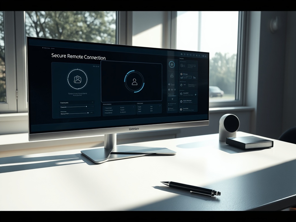 Cinematic shot of a sleek ultrawide monitor displaying secure remote connection interface, minimalist scandinavian workspace with natural light and a single luxury pen, shadow play across the desk, photorealistic 8k commercial photography style, high-end tech atmosphere